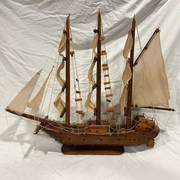 Vintage Sailboat Huge Handmade Multi Fabric Sail Boat Wooden Wood
